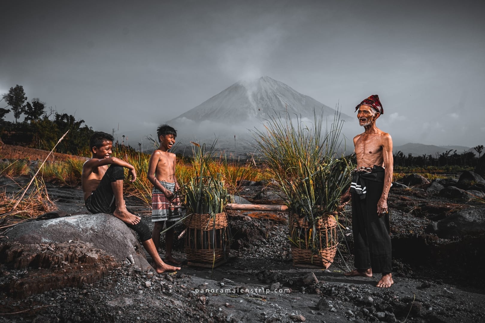 Tenggeresse Mount Bromo villagers harvesting grass in a volcanic landscape with traditional baskets, featuring a misty mountain backdrop and cultural rural life in the Tengger highlands.