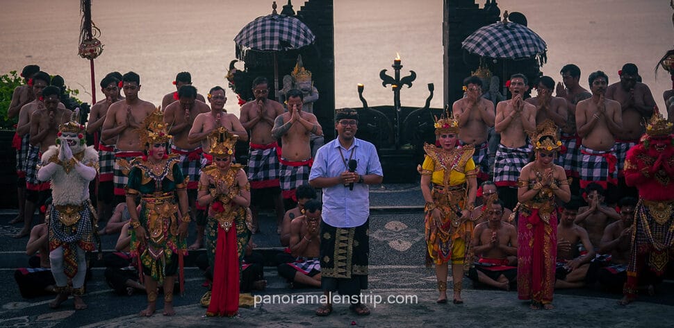 Traditional Balinese dancers performing a cultural ritual at a temple in Bali during a religious ceremony