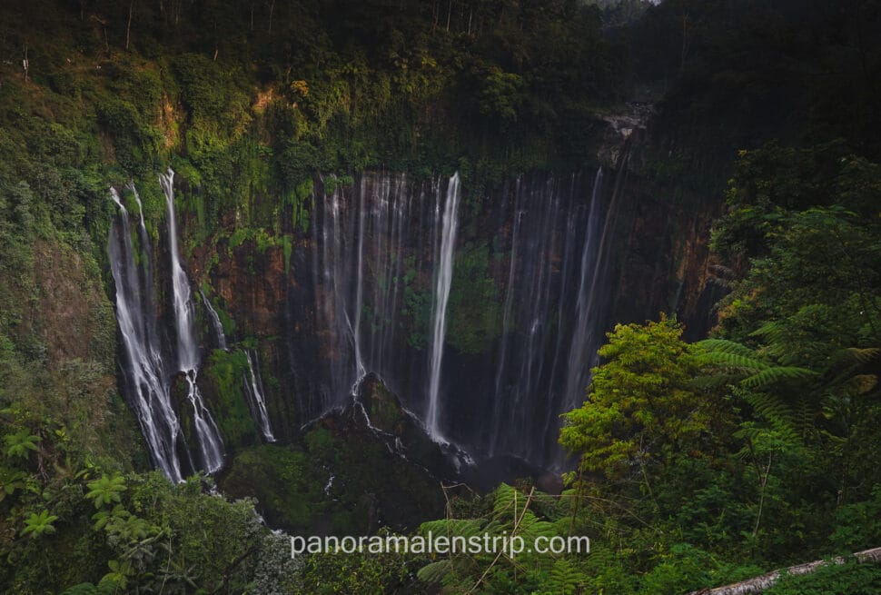 Panoramic aerial view of Tumpak Sewu Waterfall in East Java