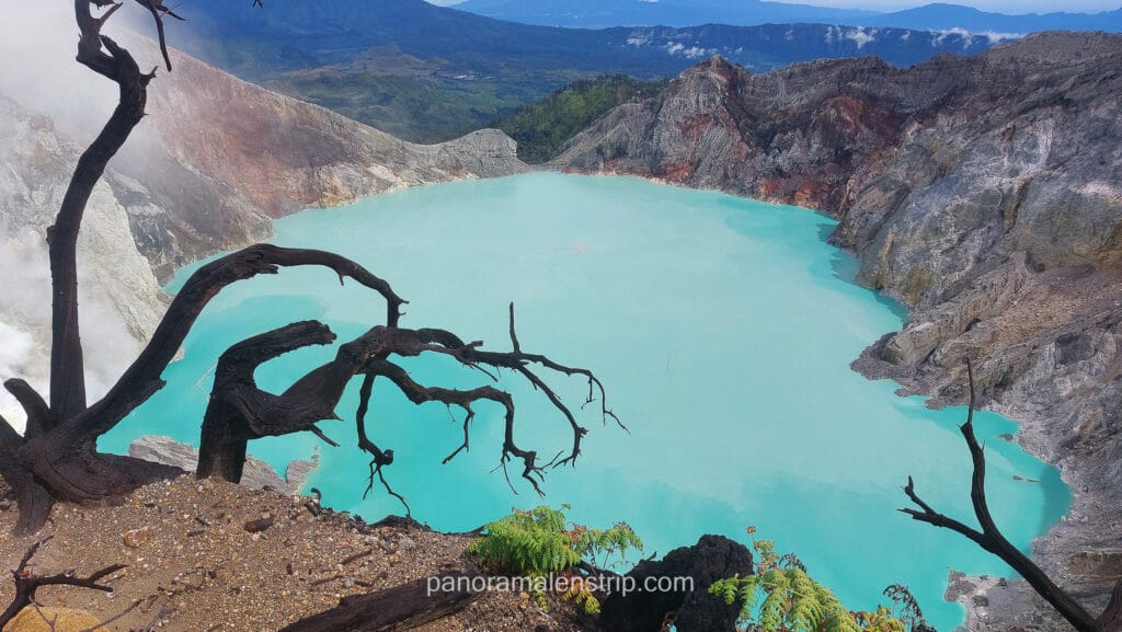 Turquoise volcanic crater lake surrounded by rocky cliffs and dead tree branches, sulfur-rich water in an active volcano