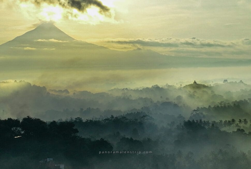 facts about Borobudur Temple with sunrise view over Mount Merapi and misty Central Java landscape