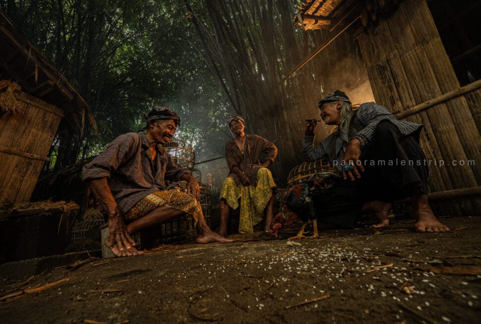 Three elderly Indonesian women wearing traditional kebaya and batik sarongs process harvested rice in a rustic bamboo village. One woman is actively winnowing grain by tossing it in the air from a woven bamboo tray, another stands holding a long wooden pestle near a large wooden trough, and the third sits on the ground sorting bundles of rice stalks.