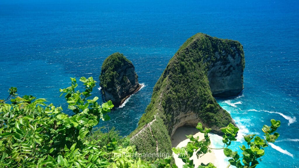 High-angle view of the famous T-Rex shaped cliff at Kelingking Beach in Nusa Penida, Bali, surrounded by lush green vegetation and overlooking the deep blue Indian Ocean and a secluded white sand beach.