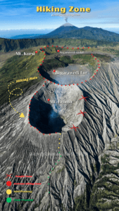 Aerial map of Mount Bromo hiking zone showing trekking routes, extreme hiking areas, danger zones, Mount Bromo crater, Segarawedi Lor, and Segarawedi Kidul volcanic landscape