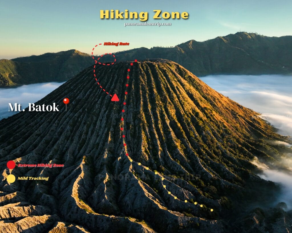 Mount Batok hiking route map showing extreme and mild trekking zones amidst clouds at sunrise.