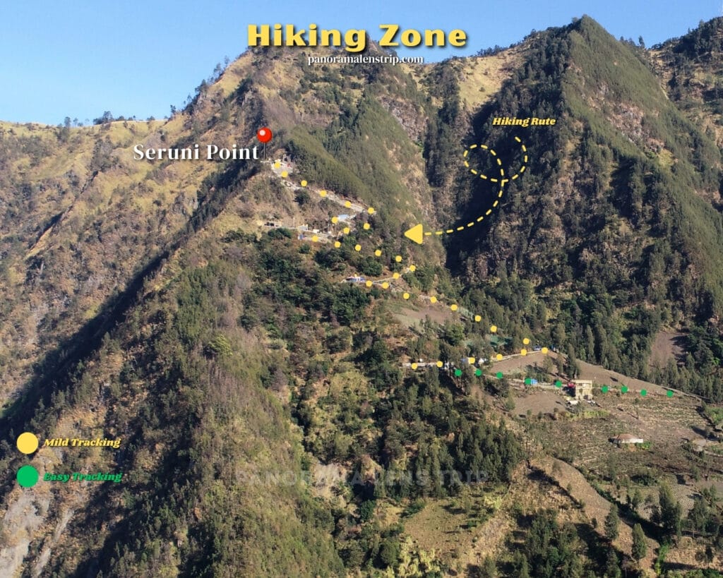 Seruni Point hiking route map on a mountain, showing easy and mild trekking paths for sunrise