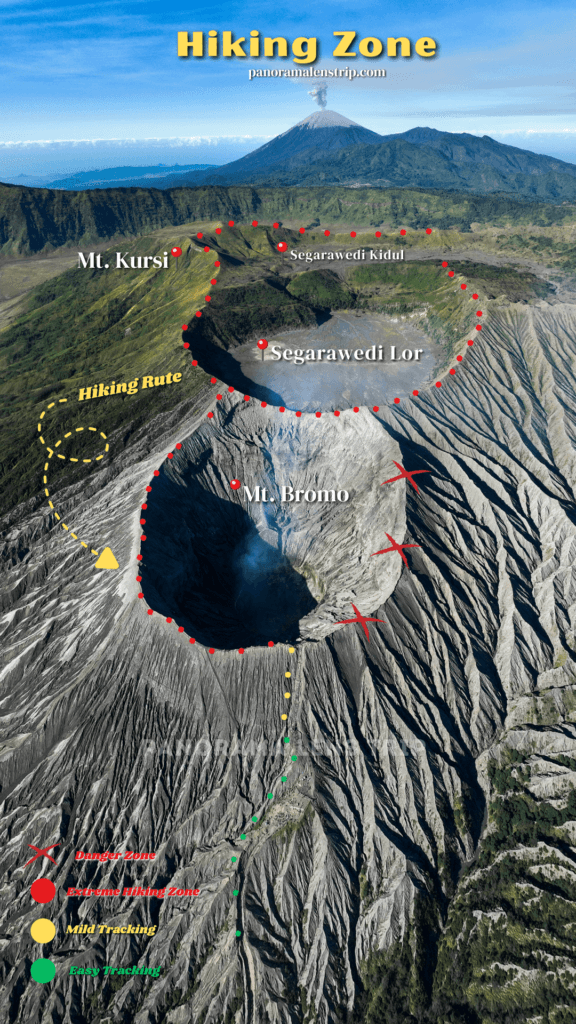 Aerial map of Mount Bromo hiking zone showing trekking routes, extreme hiking areas, danger zones, Mount Bromo crater, Segarawedi Lor, and Segarawedi Kidul volcanic landscape