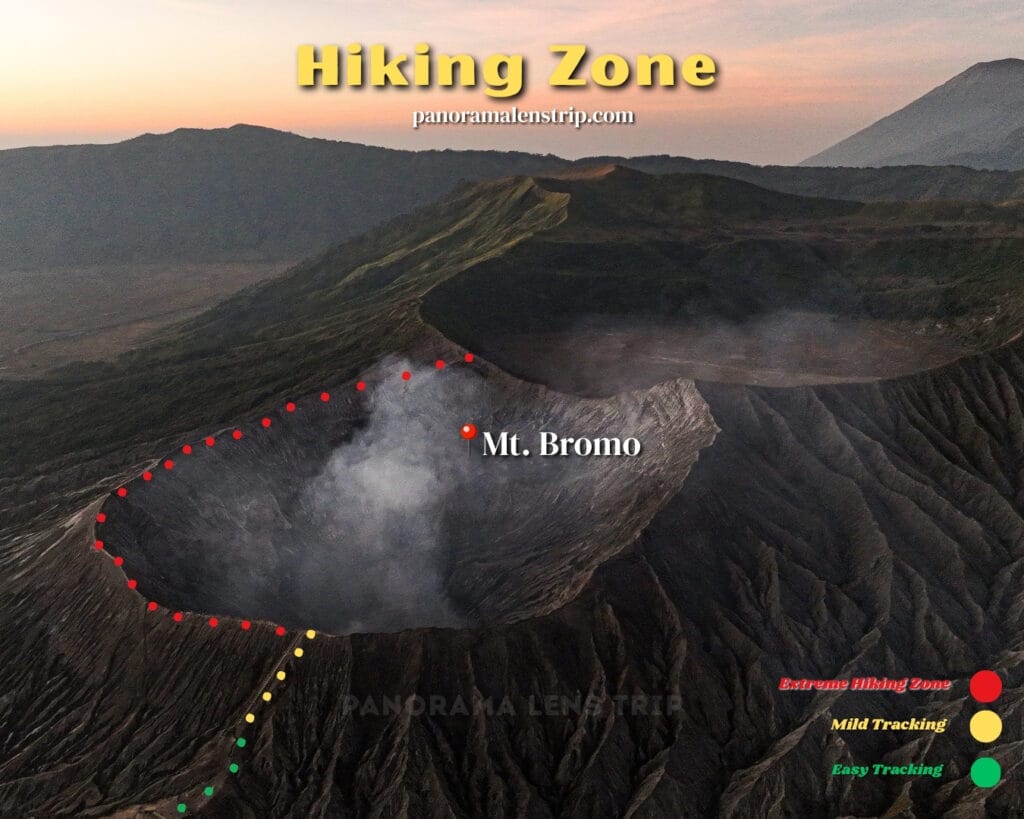 Mount Bromo hiking map at sunrise, showing crater, smoke, and marked trekking routes (easy, mild, extreme).