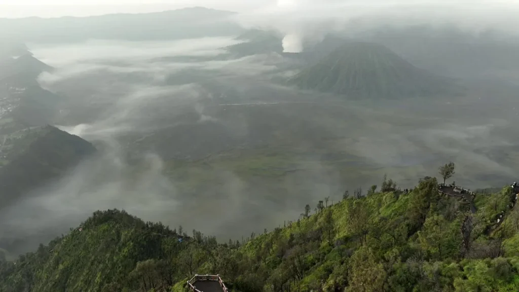 Aerial view of the four exclusive zones across Tengger Caldera during an early morning expedition