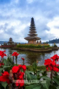 Soft overcast lighting highlighting the majestic architectural details of Pura Ulun Danu Beratan.