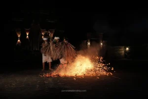 An elder guide watches over a young dancer entering a trance state during the Sanghyang Jaran Bali traditional dance ritual.