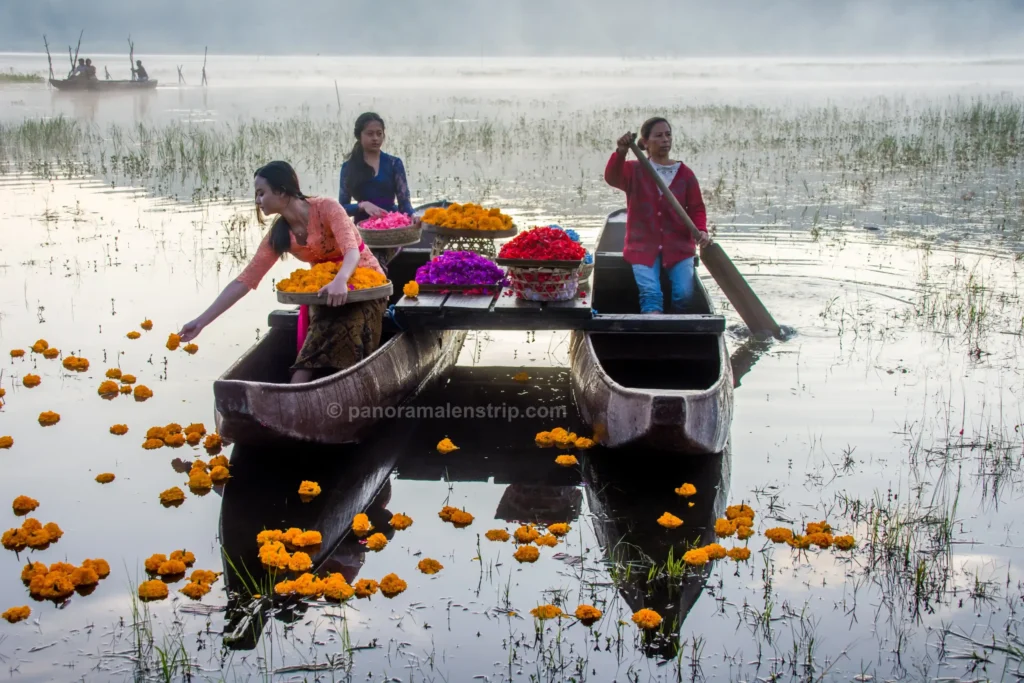 Balinese women on a wooden canoe scattering orange marigolds into the water as part of a Bali spiritual healing ritual.