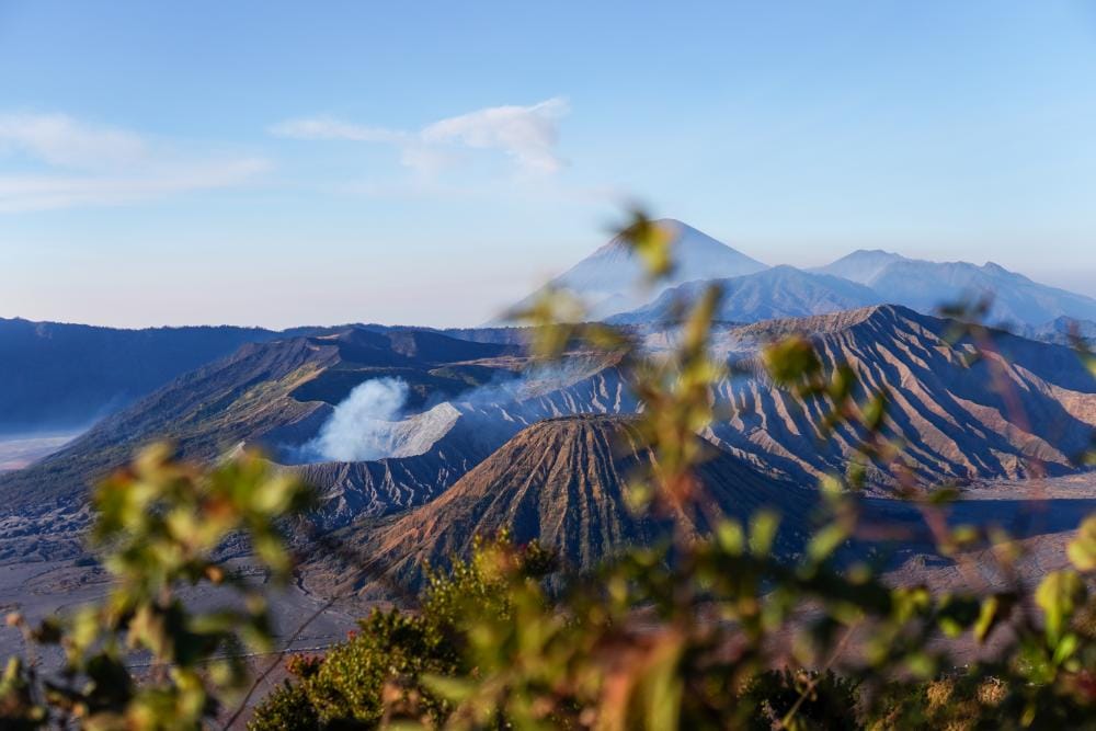Scenic view of Mount Bromo from Penanjakan with wooden foreground and volcanic landscape in the background.