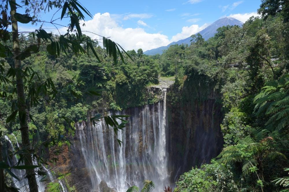 Panoramic view of Tumpak Sewu Waterfall with Mount Semeru in the background, surrounded by lush tropical forest.