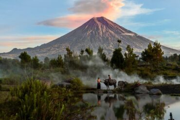 Mount Semeru at sunrise above a misty landscape with farmers and water buffalo in Pronojiwo, Indonesia
